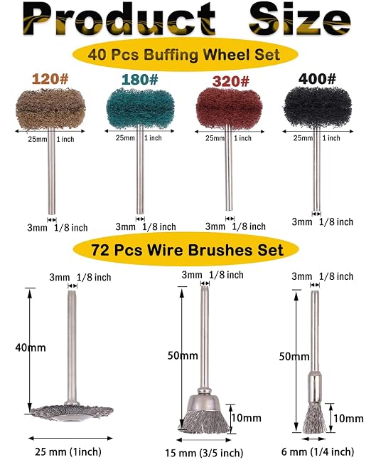 Rocaris 40 Pcs Buffing Wheel Set & 72 Pcs Wire Brushes Set, 1/8'' Shank Accessories for Rotary Tool