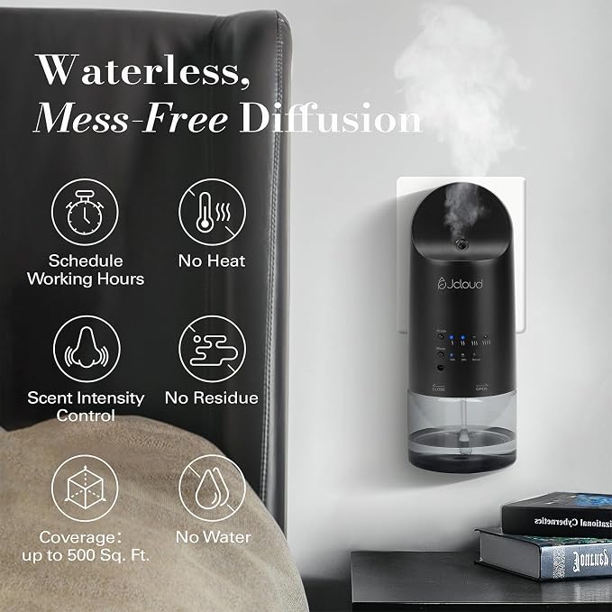 JCLOUD 2025 Plug in Diffuser | Cover Up to 500 Sq. Ft. for Home, Office, Spa – Portable Smart Wall Diffuser 160ML, Black with White Tea Essential Oil | Hotel Scent - 100ml