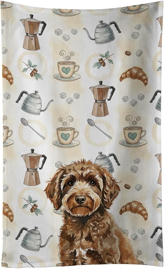 Caroline's Treasures Spanish Water Dog Coffee Bar Kitchen Towel Velour Plush Front and Cotton Loop Back Machine Washable