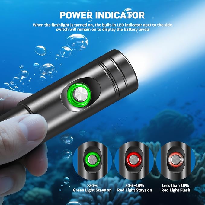 WD12 Dive Light - 1400 Lumens Compact Scuba Diving Backup Light with 3 Modes, IP68 Waterproof Submersible Torch, Underwater Snorkeling Flashlight with Push Button