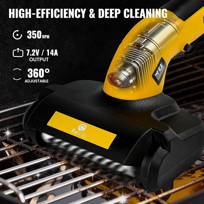 Electric Grill Brush, Grill Cleaner with LED Light & Battery Power Display, 350 RPM Shed-Free Steel Bristles, Removable Brush Head, Cordless & Type-C Rechargeable Grill Scraper for Outdoor BBQ