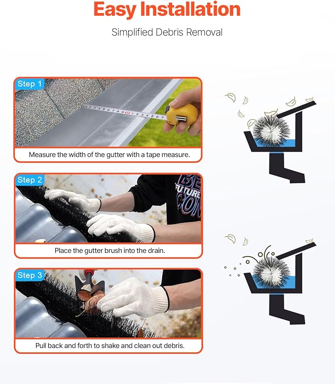 VEVOR Gutter Brush, 20 Pcs 5.25 in Dia. Gutter Cleaning Tools, 60 ft Extended Cleaner Brush for 5 in Raingutter, No Ladder Needed, for Easily Removing Leaves and Debris from Roof