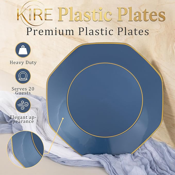 KIRE 140Pcs Blue Plastic Plates with Gold Rim - Gold Disposable Plastic Silverware with Blue Handle&Clear Cups&Hand Napkin - Geometric Party Plates for Memorial Day/Party/Graduation/Father's Day