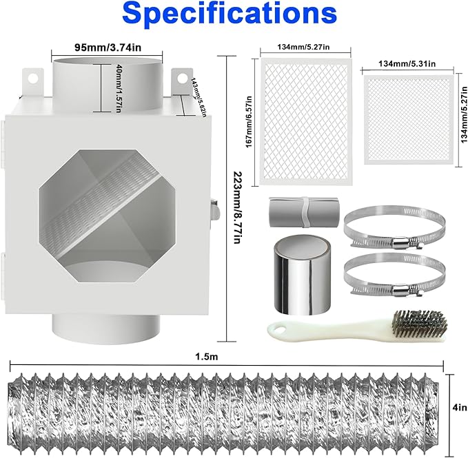 Dryer Duct Lint Trap, Metal Indoor Dryer Vent Box with 4inch 5FT Dryer Vent Hose, 2 Clamps, 2 Stainless Steel Mesh, Secondary Lint Trap for Electric Clothes Dryers -Complete Dryer Vent Cleaning System