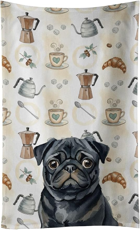 Caroline's Treasures Black Pug Coffee Bar Kitchen Towel Velour Plush Front and Cotton Loop Back Machine Washable