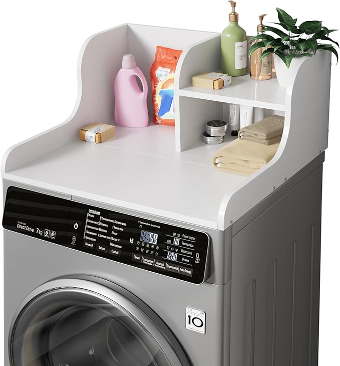 DTK Washer Dryer Countertop with Shelf,27.5" D x 27" W x 11.8" H Wood Countertop for Washer and Dryer,Laundry Countertop with Anti-Slip Strips and Edge Rails,Dryer Countertop for Laundry Room(White)