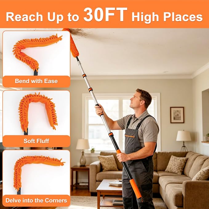 20FT High Reach Duster Cleaning Kit with 3-12FT Extension Pole, 4-in-1 Ceiling Fan Duster, Cobweb Remover, Bendable Feather Duster & Window Squeegee for High Ceilings, Walls and Outdoor Cleaning