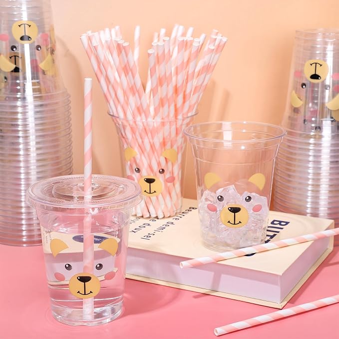 Whaline 50 Pcs 12 Oz Bear Disposable Plastic Cups with Lids and Straws Funny Bear Face Cold Beverage Drinking Cups for Birthday Baby Shower Party Supplies