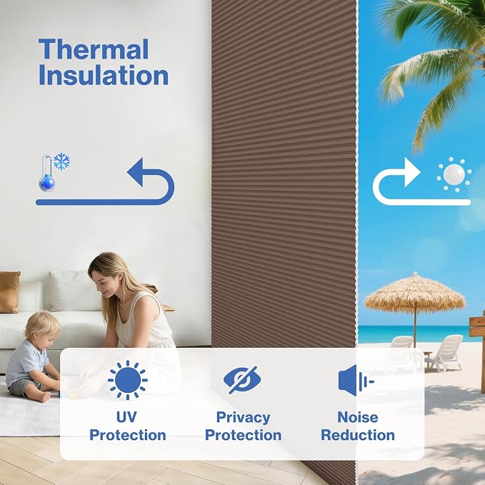 No Drill Cellular Shades, Brown Custom Size Cordless Light Filtering Pull Down Pleated Honeycomb Blind Thermal Insulated Easy Install for Indoor Window Bedroom Living Room Kitchen Door