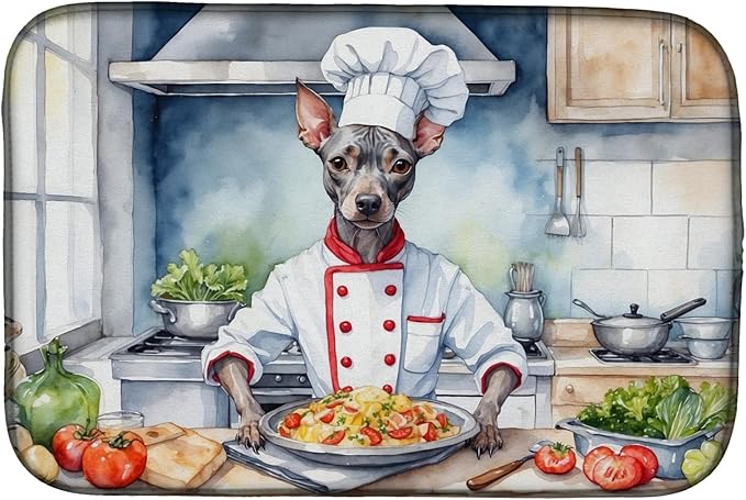 Caroline's Treasures DAC6189DDM American Hairless Terrier The Chef Dish Drying Mat Absorbent Dish Drying Mat Pad for Kitchen Counter Dish Drainer Mat for Countertop, 14 x 21", Multicolor