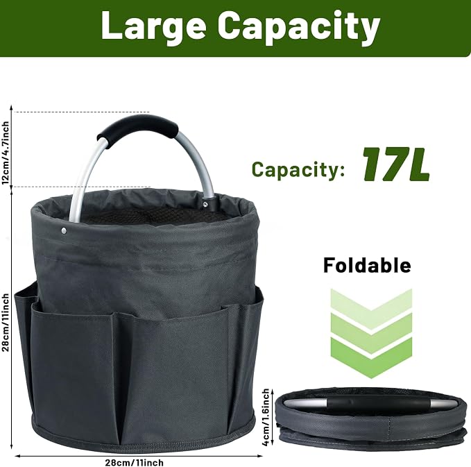17L Foldable Cleaning Caddy with Handle - Portable Oxford Fabric Storage Bucket, Organiser for Cleaning Supplies, Toiletries, Home, Garden, Picnic & Beach (Dark Gray)
