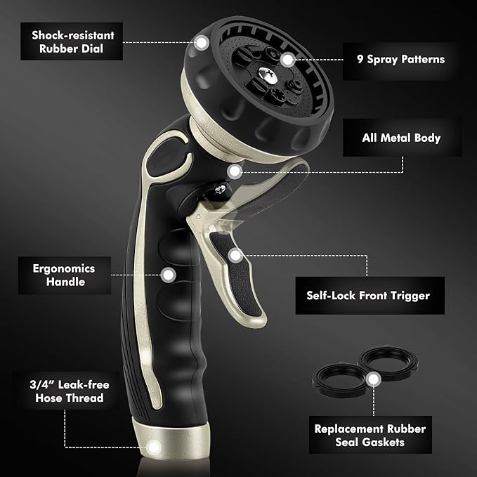 RESTMO Hose Nozzle with Easy Self-Lock Trigger, Heavy Duty Metal Water Hose Sprayer with 9 Spray Patterns and On/Off Valve, High Pressure | Thumb Flow Control, Ideal for Outdoor Lawn & Plant Watering,