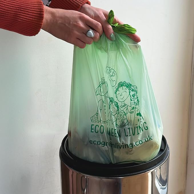 Eco Green Living 40L Compostable Biodegradable Food Waste Bin Bags, Thick, Strong & Leakproof. Caddy Liners 100% Plant-Based, Plastic-Free, Drawstring Bin Liners, Fits 30–40L Bins, 50 Bags