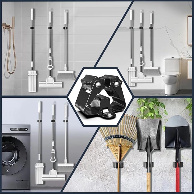 3-H Stainless Steel Broom Holder Wall Mount 6 Pack- Heavy Duty Mop Organizer, Wall Mounted Broom Storage with Secure Mounting for Kitchen Laundry Garage Bathroom (Space Saving)