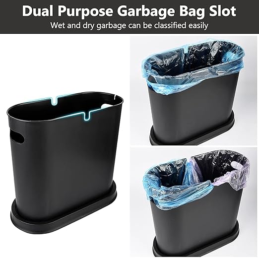 AIFUSI Trash Can, 10 Liter / 2.4 Gallon Plastic Slim Garbage Container Bin with Press Top Lid, White Waste Basket for Kitchen, Bathroom, Living Room, Office, Narrow Place（Black）