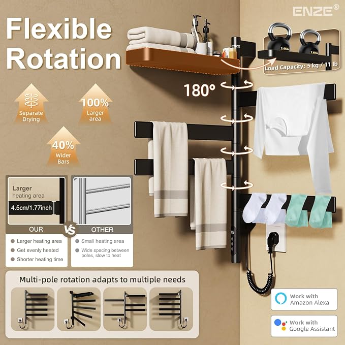 ENZE Smart Rotating Heated Towel Rack for Bathroom, 4-Bar Wall-Mounted Electric Towel Warmer with Swivel Shelf, Wi-Fi App Control, 24H Timer, Stainless Steel, IPX5, Hardwired/Plug-in, Matte Black