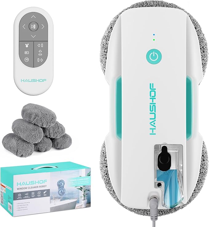 HAUSHOF Robot Window Cleaner with 3800Pa Suction, Auto Water Spray, AI Path Planning & Edge Detection, Remote Control for High-Rise Window, Glass Door