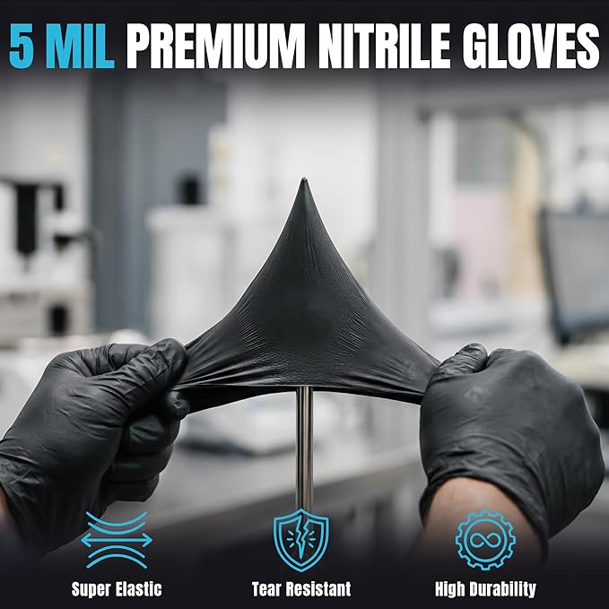 5 Mil Black Nitrile Gloves, Disposable Gloves Latex Free Powder Free Rubber Gloves for Cleaning Tattoo 1000PCs