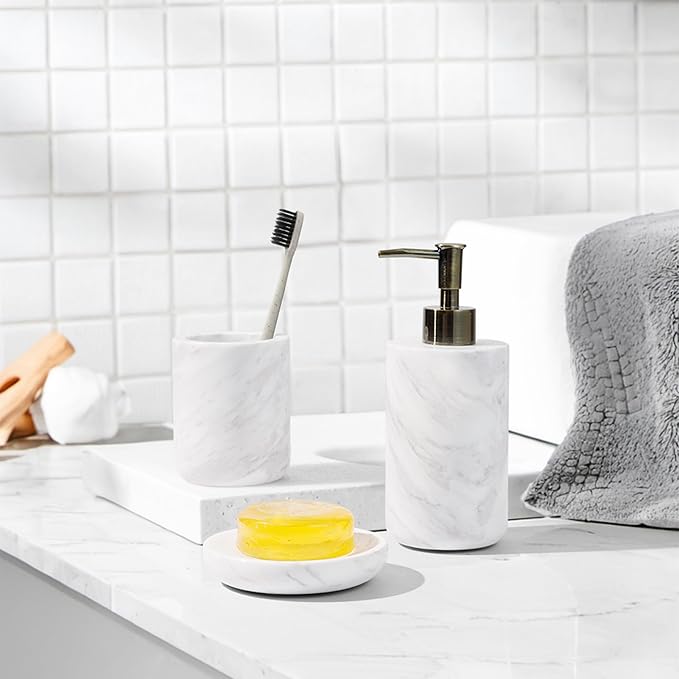 WORHE Bathroom Accessories Set Italy Natural Marble Bathroom Decor Set 3-Piece Bath Accessory Kit with Toothbrush Holder Liquid Soap Dispenser and Sponge Dish Tray Set Color White (WH054)