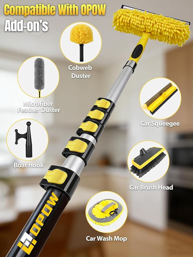 6-24 Feet Telescopic Pole with Cobweb Duster, Opow 32 Ft Reach Extension Pole with 2 Washable Cleaning Spider Web Brush Kit Duster Heads and Universal Joint Angle Adaptor for Outdoor & Indoor Cleaning