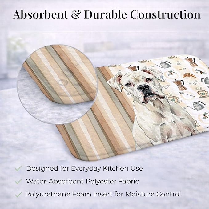 Caroline's Treasures White Boxer Coffee Bar Dish Drying Mat Absorbent Dish Drying Mat Pad for Kitchen Counter Dish Drainer Mat for Countertop, 14 x 21", Multicolor