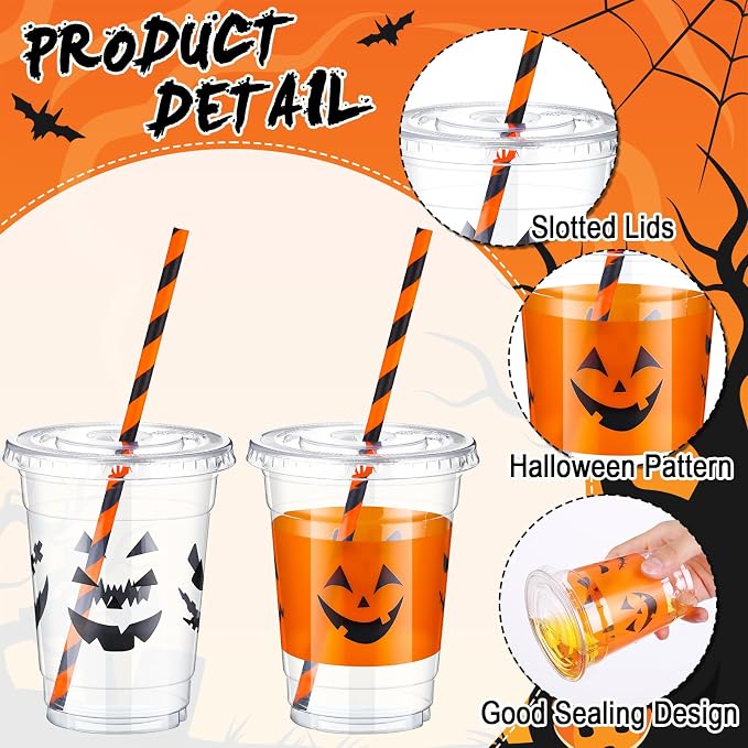 Yaomiao 300 Pcs 12 oz Halloween Plastic Cups with Lids and Straw Halloween Plastic Cup Disposable Clear Tumbler Whiskey Tumbler Black White Emoticons Witch Drinking Set for Party Supply