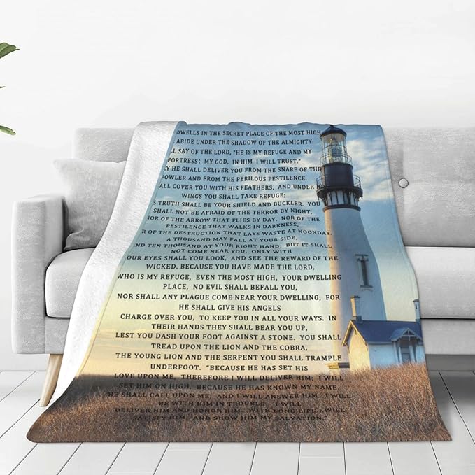 Psalm 91 Blanket Christian Lighthouse Gifts Religious Bible Verse Scripture Throw Blanket Comfy Plush Flannel Fleece Warm Soft Fluffy Fuzzy Blanket for Prayer Women Teens for Bed Sofa Couch 40"X50"