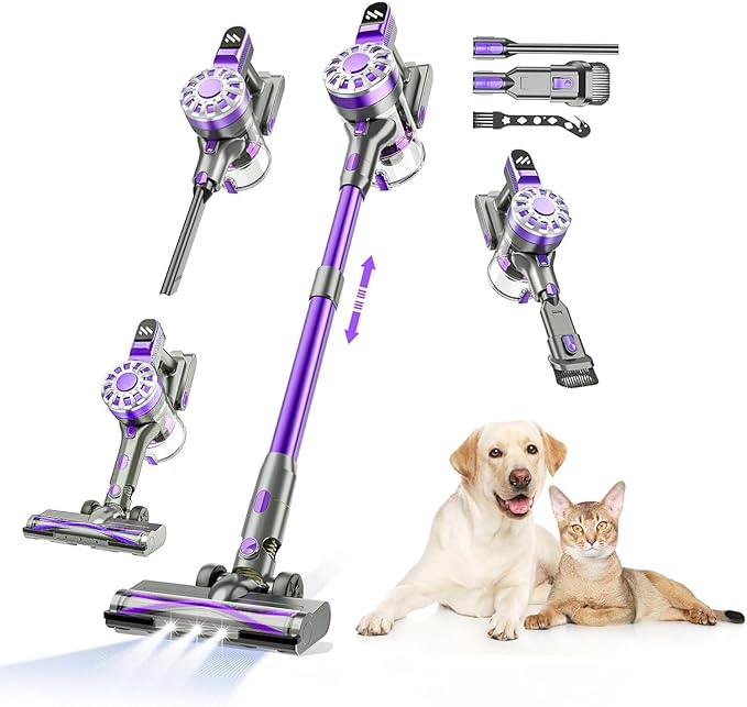 WLOTPO Cordless Vacuum Cleaner for Home,Lightweight Stick Vacuum Cordless Rechargeable with Power Suction, Up to 35 Mins Runtime, Hardwood Floor Vacuum for Pet Hair,Carpets,Tile(Purple)
