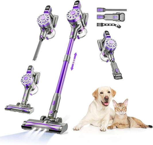WLOTPO Cordless Vacuum Cleaner for Home,Lightweight Stick Vacuum Cordless Rechargeable with Power Suction, Up to 35 Mins Runtime, Hardwood Floor Vacuum for Pet Hair,Carpets,Tile(Purple)