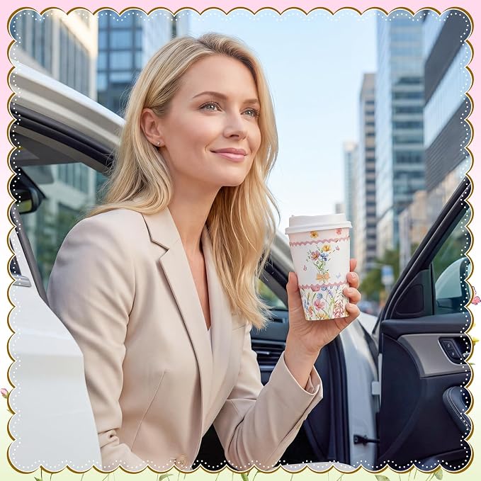 NatNarr 60 Pack Spring Wildflower Coffee Cup with Lids Sleeves, 12oz Insulated To Go Coffee Cups Disposable Butterfly Wildflower Paper Cup for Birthday Garden Wedding Baby Bridal Shower Supplies