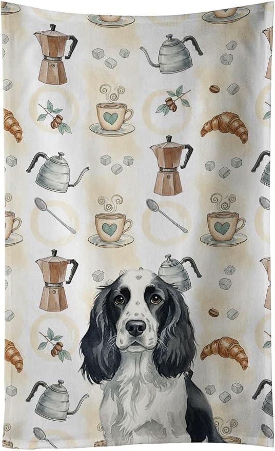 Caroline's Treasures Black and White English Springer Spaniel Coffee Bar Kitchen Towel Velour Plush Front and Cotton Loop Back Machine Washable
