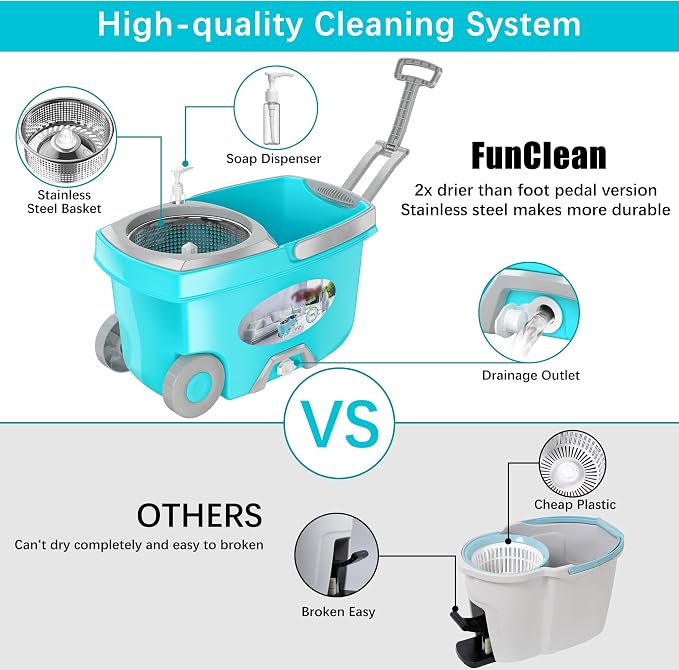 FunClean Spin Mop and Bucket,Mop and Bucket with Wringer Set for Home,360 Spinning Mopping Floor Cleaning Tool with 12 Microfiber Replacement Head Refills,61" Extended Handle, 2X Wheel - Blue