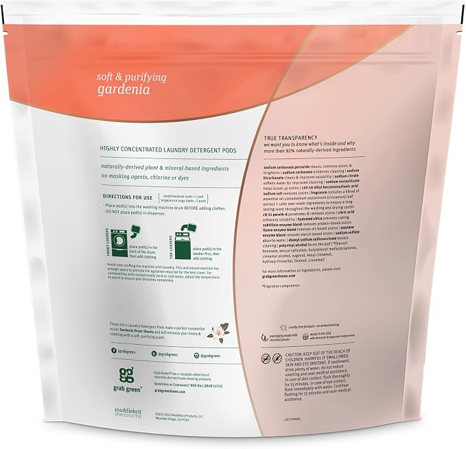 Grab Green 3-in-1 Laundry Detergent Pods, Gardenia, 132 Loads | Plant & Mineral-Based; Enzyme-Powered; Velcro Closure; Laundry Brightener; Stain Remover