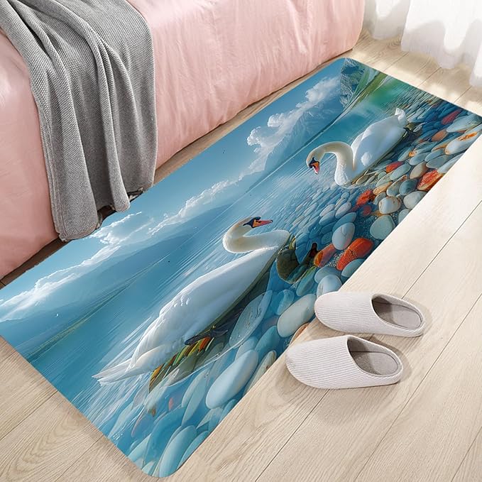 WODEJIA Non Slip Bath Rugs Sponge Foam for Bathroom,Flannel Mat Rug for Living Room, Absorbent MatS for Forlaundry Room and Kitchen,Swans On The Water Welcome Mat 47x18 Inches