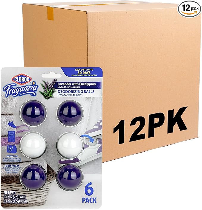Clorox Fraganzia Deodorizing Balls with Lavender and Eucalyptus Scent, Shoe and Bag Odor Eliminator Balls for Shoes Lockers and Gym Bags with Long Lasting Freshness, 6 Count - 12 Pack
