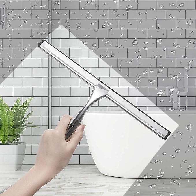 Simtive 10-Inch Shower Squeegee (Includes 1 Shower Door Hook and 1 Adhesive Hook), Shower Door Hooks (2-Pack), Both Silver, 2 Item Bundle