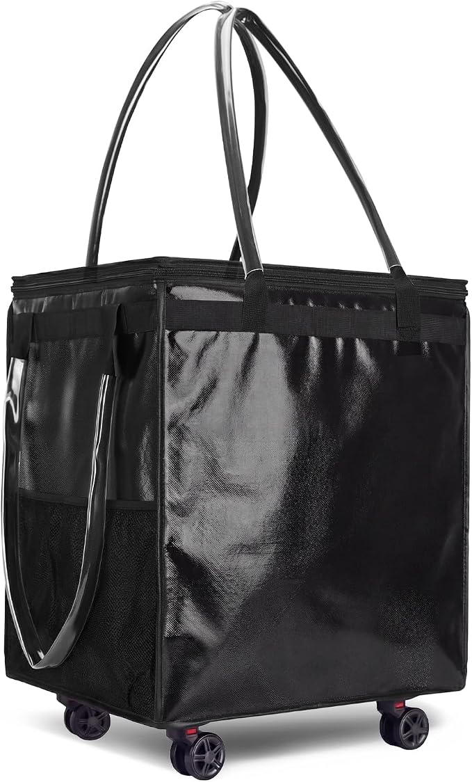 Fanwoli Reusable Grocery Bag with Wheels: Foldable Rolling Tote Bag with Removable Wheels and 4 Handles - 66L Large Capacity Shopping Bag for Groceries, Laundry, Trunk Storage