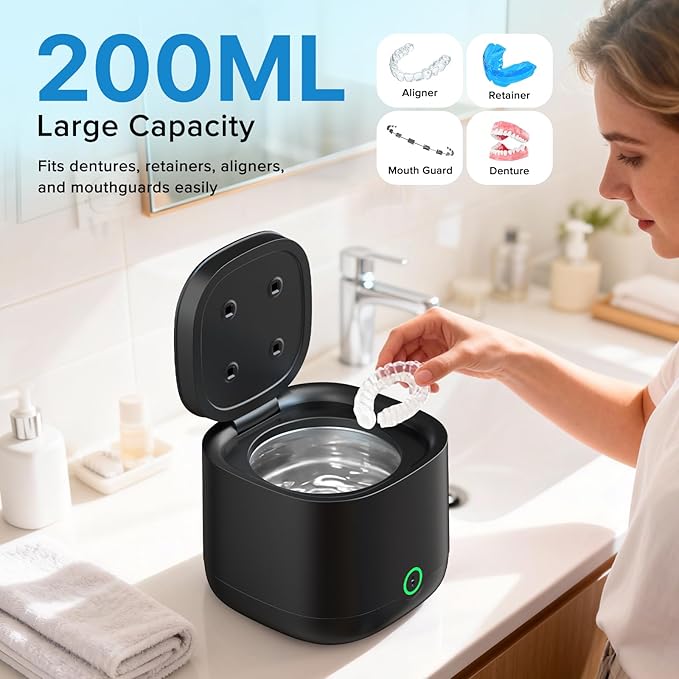 Ultrasonic Retainer Cleaner with UV-C, 45kHz Rechargeable Dental Cleaning Machine 4000mAh, 200ML for Denture, Mouth Guard, Night Guard, Aligner, 3 Modes & 6 Cleaning Tablets