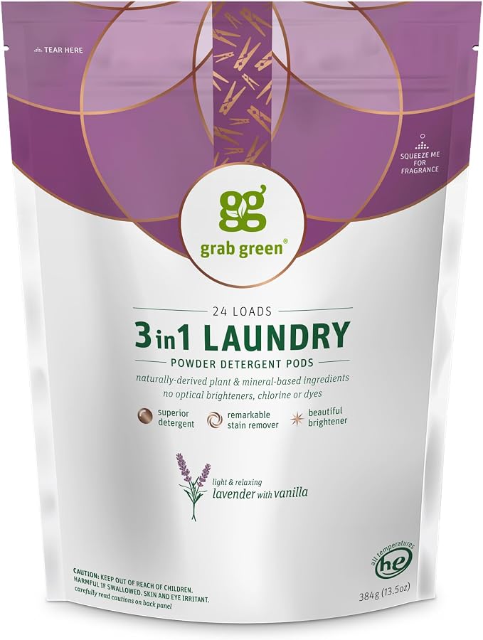 Grab Green 3-in-1 Laundry Detergent Pods, Lavender + Vanilla, 24 Count | Plant & Mineral-Based; Enzyme-Powered; Velcro Closure; Laundry Brightener; Stain Remover