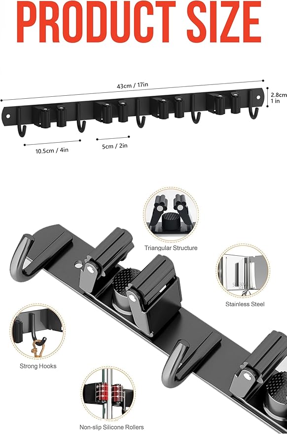 Mop and Broom Holder Wall Mount, Upgraded Broom Hanger Wall Mount, Stainless Steel Broom Organizer for Closet Garage Laundry Room Kitchen Wall Decor(4Racks 5Hooks Black)
