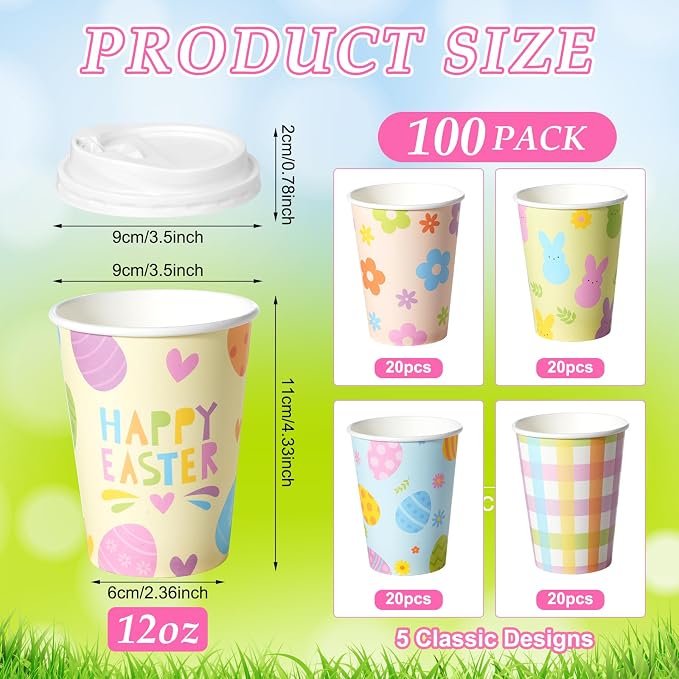 Pascliyna 100 Set Easter Disposable Coffee Cups with Lids, Bulk 12oz Colorful Eggs Paper Cups, Happy Easter Coffee Cups for Hot Chocolate Cold Drinks Spring Holiday Party Supplies Decorations