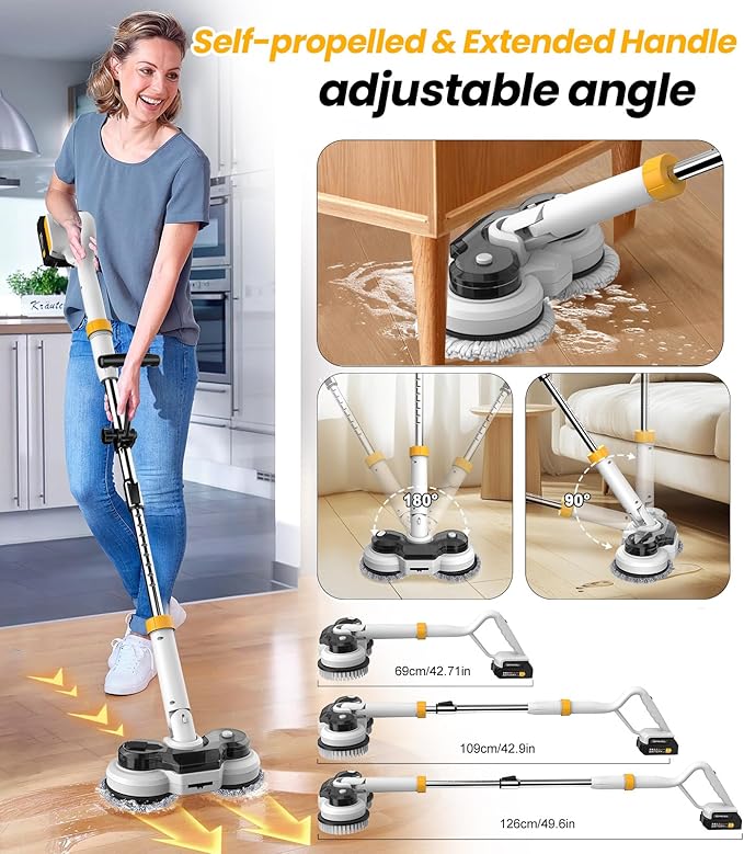 qimedo 6000mAh Battery Electric Mop with 12 Replacement pad and Brush Head, 800RPM Cordless Electric Power Scrubber & Mops for Floor Cleaning, Best Automatic Spin Mops with Smart Display