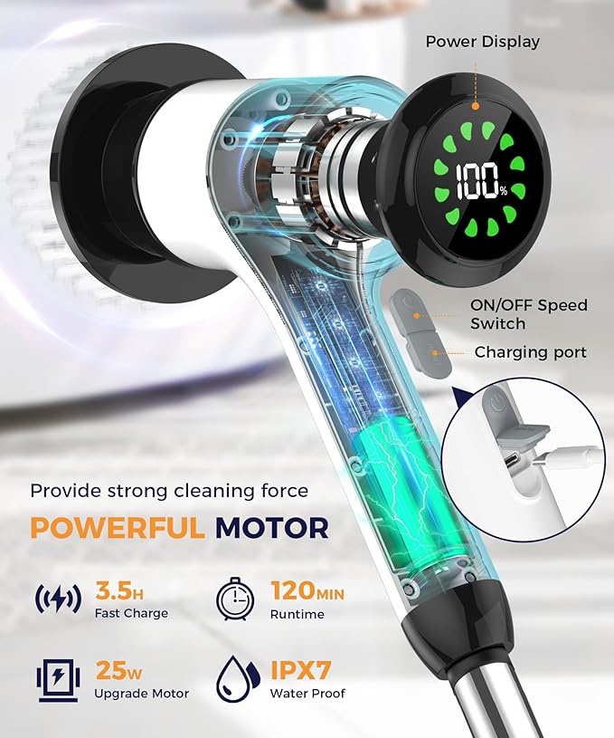 Electric Spin Scrubber, Cordless Cleaning Brush with 7 Replaceable Brush Heads, 2-Speed Adjustable Handle Shower Scrubber, IPX7 Waterproof for Bathroom, Tub, Tile & Floor, Teens, White-qb1...