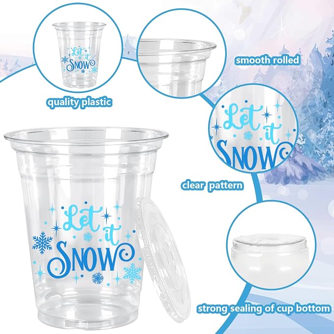 JarThenaAMCS 50Pcs Winter Christmas Plastic Cups with Lids & Straws Blue Snowflake 12Oz Disposable Clear Cold Beverage Ice Coffee Drinking Cups for Xmas Home Party Supplies