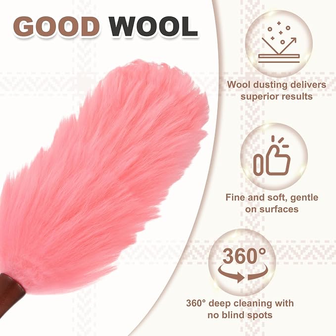 uxcell Wool Duster, 20.5" Natural Feather Cleaner Household Cleaning Duster with Solid Wooden Handle for Cleaning Fans Window Blinds Shelves Furniture, Pink