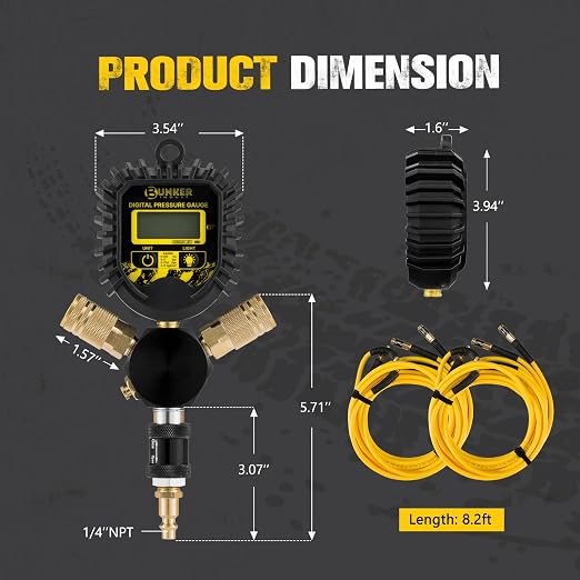 BUNKER INDUST 4 Tire Inflation Deflation System, Rapid High-Flow Air Up Down Kit with Digital Tire Pressure Gauge, 4 Wheels Off Road Tire Deflator Inflate-Up to 200" Wheelbase