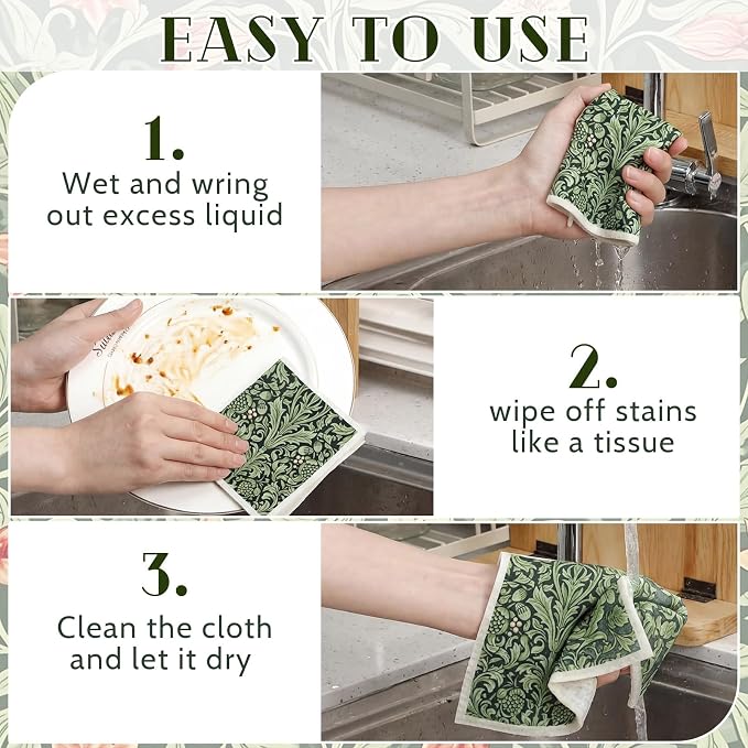 Mifoci 12 Pcs William Morris Swedish Kitchen Dishcloths 7 x 8 Inch Reusable Vintage Floral Dish Towels Absorbent Cotton Cleaning Cloths for Kitchen Cleaning Wipes Housewarming