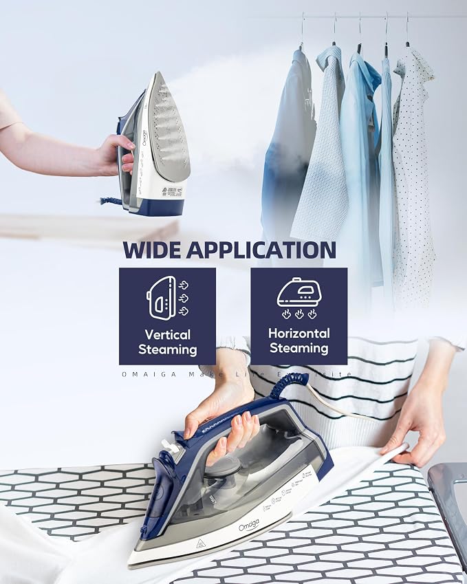 OMAIGA Steam Iron for Clothes, 1750W Clothes Iron with Ceramic Soleplate, Powerful Steam, 3-Way Auto Shut Off, Self-Cleaning & Anti-Calc, Anti-Drip, 13.52oz Water Tank, Grey