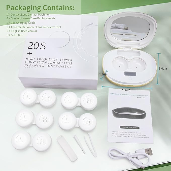 Contact Lens Cleaner, Portable Ultrasonic Contact Lens Cleaning Machine with USB Charger, LED Timer Display & 5 Contacts Solution Cases Kit for Soft Hard Colored RGP Lenses (Avocado Green)