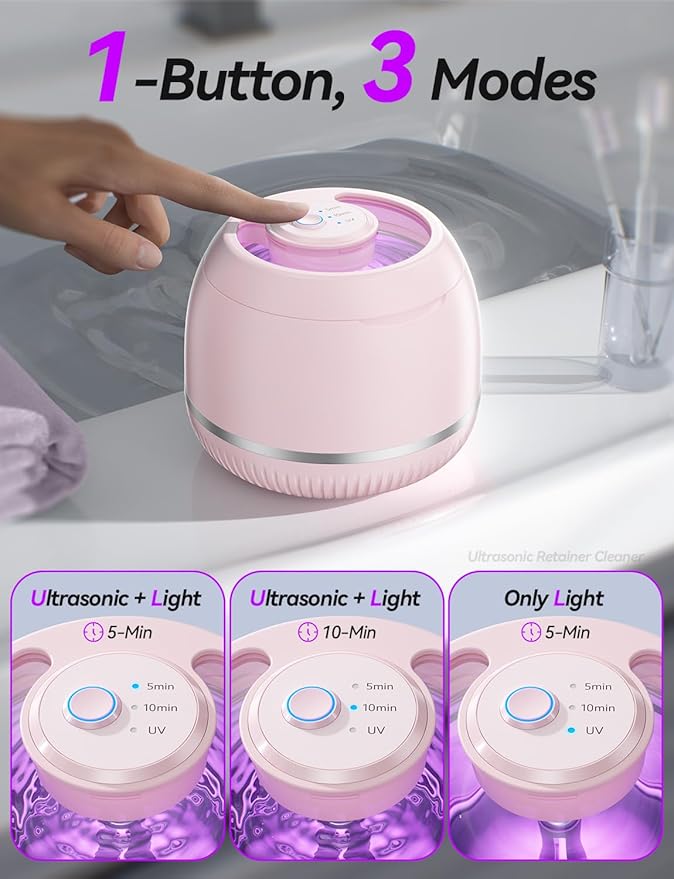 Beser Ultrasonic Retainer Cleaner, 2X Clean, 4X Sterilize, Dental Retainer Cleaner Machine Pod for Aligner, Nightguard, Mouth Guard, Denture Cleaner, Oral Dental Care, IPX6, 200ML, Pink